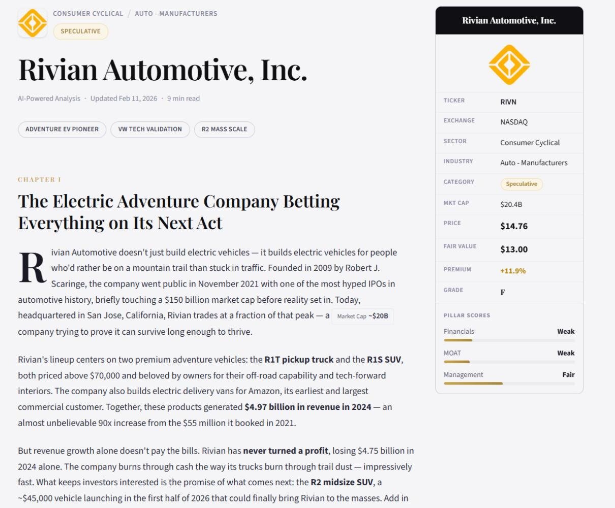 Stock Value Finder showing AI Fair Value and Company Grade for a stock analysis